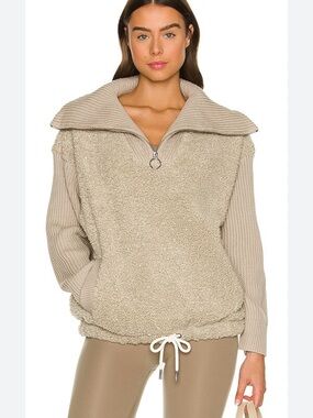 Varley Rogers Teddy Sherpa Quarter Zip Ribbed Pullover in Sage Grey Size Small